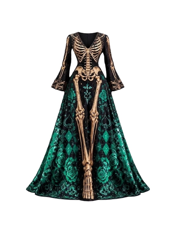Halloween Dresses for Women Plus Size Gothic Print V Neck Long Sleeve A Line Maxi Dress Flowy Halloween Costume for Party