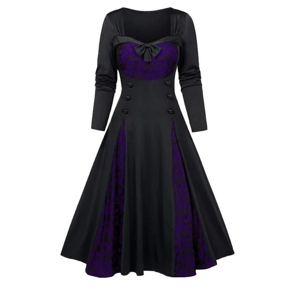 Halloween Dresses for Women Plus Size Gothic Solid Dress Long SLeeve Casual Color Block Halloween Dress