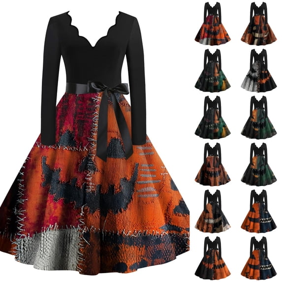 Halloween Dresses for Women Pumpkin Bat Long Sleeve 1950s Cocktail Classic Tea Length Dress V Neck Hepburn Fall Retro Dress with Belt 2XL