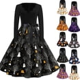 thumbnail image 1 of Halloween Dresses for Women Pumpkin Castle V Neck Cocktail 1950s Fall Dress Long Sleeve Hepburn Classic Vintage Dresses with Belt M, 1 of 5