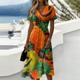 thumbnail image 1 of Halloween Dresses for Women Pumpkin Ghost Short Sleeve Spooky Midi Dresses Bat Witch Hat V Neck Horror Sundress, XL, 1 of 5