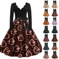 thumbnail image 1 of Halloween Dresses for Women Pumpkin Printed Long Sleeve Scary Tea Length Dress Bone 1950s V-Neck Spooky Dresses with Belt L, 1 of 5