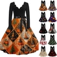 thumbnail image 1 of Halloween Dresses for Women Pumpkin Printed V-Neck Cute Tea Length Dress Ghost 1950s Long Sleeve Fashion Dresses with Belt 4XL, 1 of 7