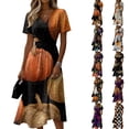 thumbnail image 1 of Halloween Dresses for Women Pumpkin V Neck Spider Vintage Wedding Guest Dress Bat Short Sleeve Fall Wrap Dresses 3XL, 1 of 5
