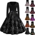 thumbnail image 1 of Halloween Dresses for Women Skeleton Candy Long Sleeve Cocktail Hepburn Retro Tea Length Dress V Neck 1950s Fall Classic Dresses with Belt L, 1 of 5