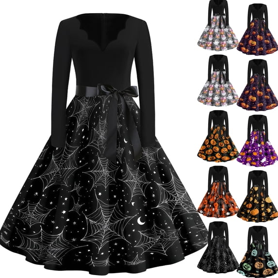 Halloween Dresses for Women Skeleton Candy Long Sleeve Cocktail Hepburn Retro Tea Length Dress V Neck 1950s Fall Classic Dresses with Belt L