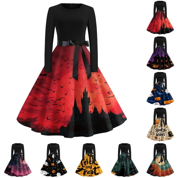 Halloween Dresses for Women Spider 1950s Crew Neck Novelty Dresses Castle Hepburn Long Sleeve Scary Tea Length Dress with Belt 5XL