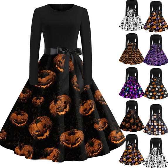 Halloween Dresses for Women Spider Ghost Crew Neck 1950s Cocktail Fall Dresses Long Sleeve Hepburn Retro Vintage Tea Length Dress with Belt 2XL
