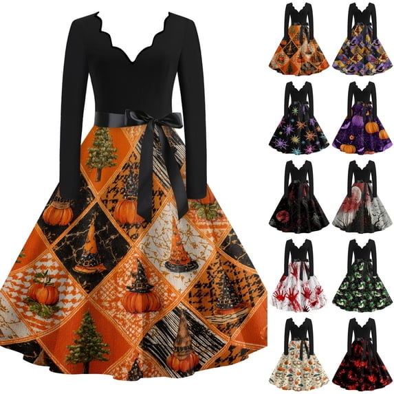 Halloween Dresses for Women Spider Printed Long Sleeve Classic Dresses Candy Cocktail V-Neck Horror Tea Length Dress with Belt 5XL