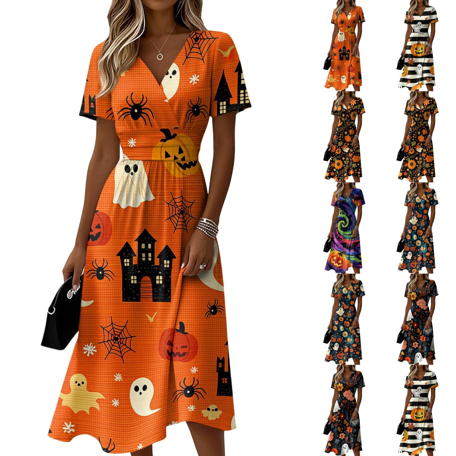 Halloween Dresses for Women Spider V Neck Ghost Fall Wedding Guest Dress Pumpkin Short Sleeve Cute Wrap Dresses L
