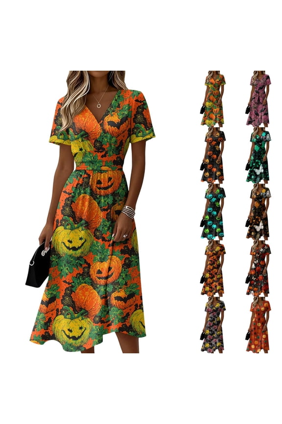 Halloween Dresses for Women Spider V Neck Ghost Funny Wedding Guest Dress Bat Short Sleeve Cute Wrap Dresses 3XL