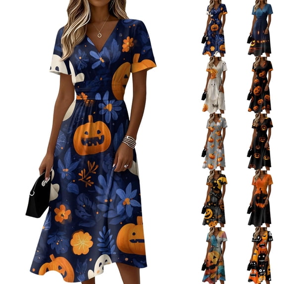 Halloween Dresses for Women Spider V Neck Ghost Funny Wedding Guest Dresses Witch Hat Short Sleeve Casual Wrap Dress M