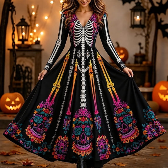 Halloween Dresses for Women V Neck Skull Print Dress Long Sleeve Festive Party Trendy Womens Casual Dresses Black1 L
