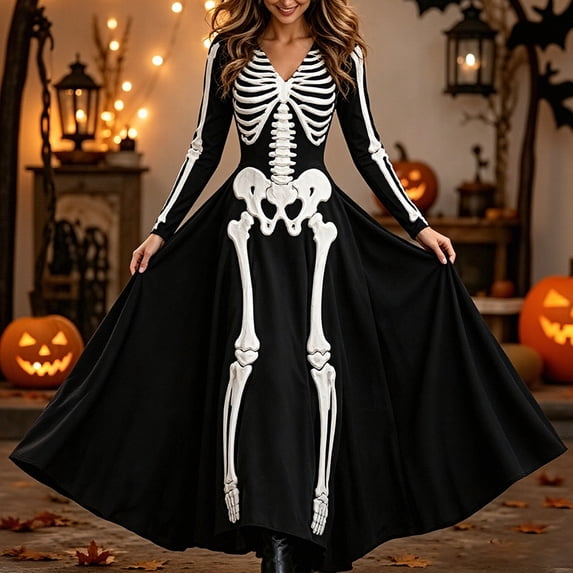 Halloween Dresses for Women V Neck Skull Print Dress Long Sleeve Festive Party Trendy Womens Casual Dresses Black3 XXL