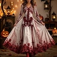 thumbnail image 1 of Halloween Dresses for Women V Neck Skull Print Dress Long Sleeve Festive Party Trendy Womens Casual Dresses White M, 1 of 4