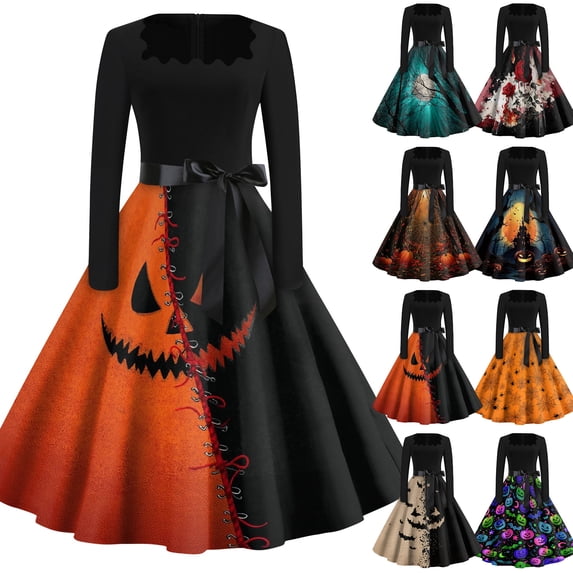 Halloween Dresses for Women Witch Hat Printed Square Neckline Horror Dresses Bat Hepburn Long Sleeve Scary Tea Length Dress with Belt 2XL
