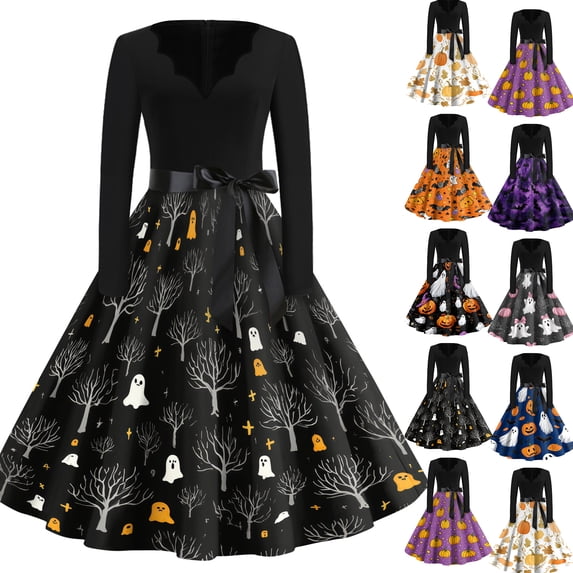 Halloween Dresses for Women Witch Hat Pumpkin V Neck Cocktail Hepburn Vintage Dress Long Sleeve 1950s Fall Cute Tea Length Dress with Belt S
