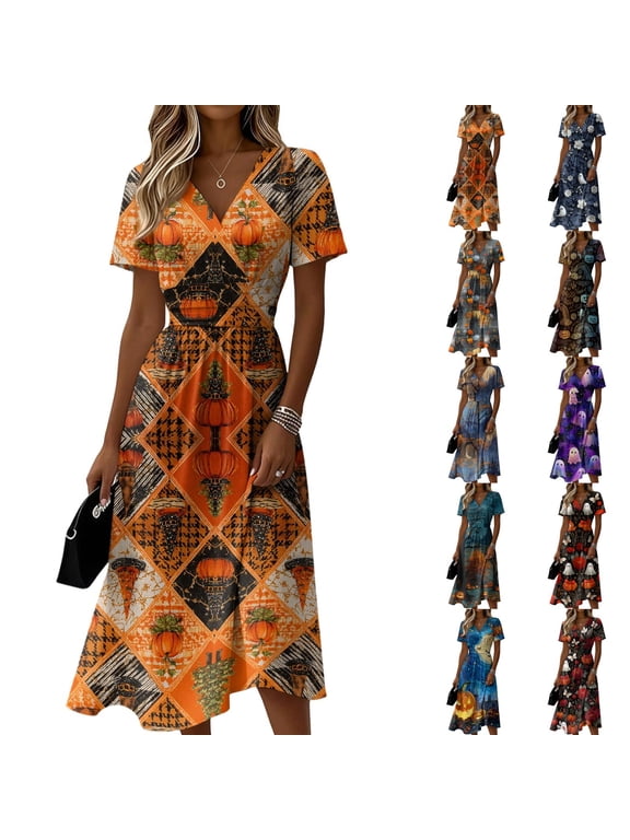 Halloween Dresses for Women Witch Hat Short Sleeve Pumpkin Fall Wrap Dress Skeleton V Neck Funny Wedding Guest Dresses M