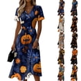thumbnail image 1 of Halloween Dresses for Women Witch Hat Short Sleeve Spider Funny Wedding Guest Dress Bat V Neck Casual Wrap Dresses M, 1 of 5
