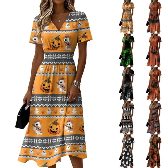 Halloween Dresses for Women Witch Hat Short Sleeve Spider Vintage Wrap Dress Skeleton V Neck Cute Wedding Guest Dresses 2XL