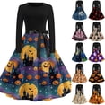 thumbnail image 1 of Halloween Dresses for Women Witch Hat Spider Crew Neck Cocktail 1950s Retro Tea Length Dress Long Sleeve Hepburn Fall Classic Dress with Belt L, 1 of 6