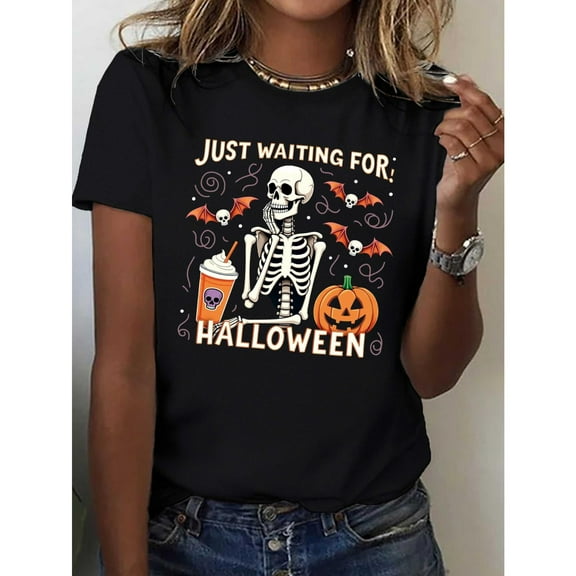 Halloween Cotton Drink Just Wait Funny Pattern Bat Pumpkin Graphic Tees Tops Short Sleeve Round Neck Black S-5XL