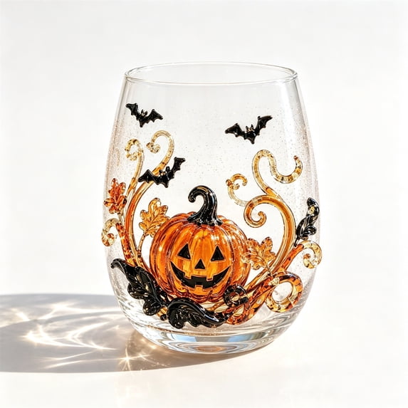 Halloween Drinking Glass, Pumpkin Stemless Glass with 3D Design, Clear Seasonal Drinkware for Halloween Parties and Fall Gatherings, Decorative Table Glass for Home Entertaining