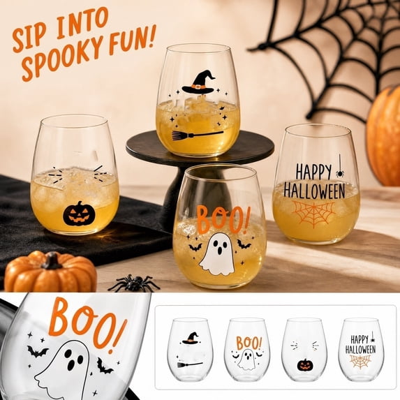 Halloween Drinkware, Halloween Glass, Spooky Drinkware, Halloween Party Glass, 420Ml 14Oz Clear Ghost Boo Printed Stemless Cup, 4X3.5 Inch Reusable Beverage Glass for Holiday