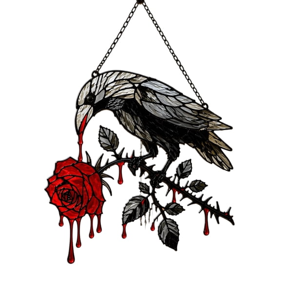 Halloween Dripping-Blood Crow Decoration, Gothic Raven Hanging Decor with Red Rose and Dark Fantasy Design, Black Bird Art Ornament for Porch Patio Indoor Wall Home Decoration Gift(Black)