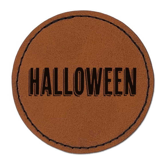 Halloween Drop Shadow Text 2.5" Faux Leather Round Engraved Iron-On Patch - Brown