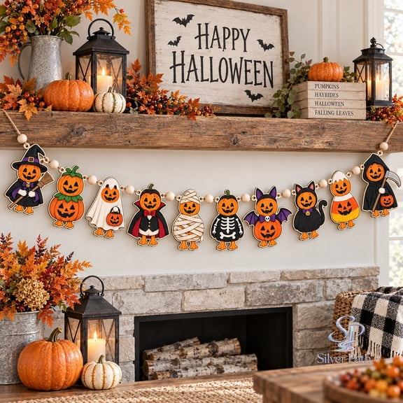 Halloween Duck Costume Wooden Ornament Wooden Garland, Retro Pumpkin Faces for Spooky Fall Mantel Decor