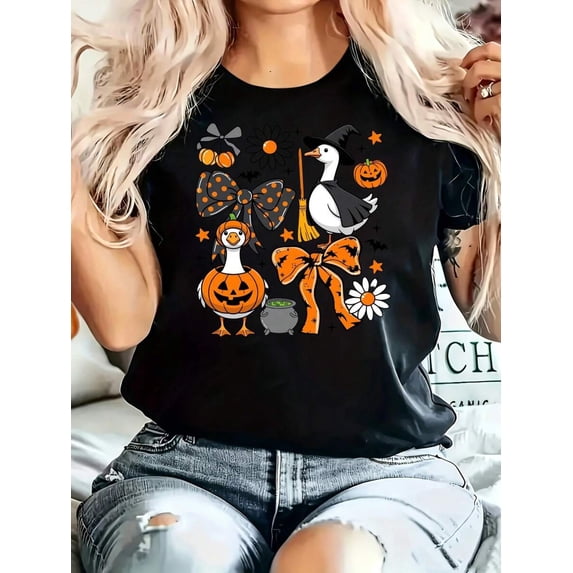 Halloween Duck Pumpkin Print Graphic, Women's Round Neck Casual T‑Shirt, Halloween Holiday Party