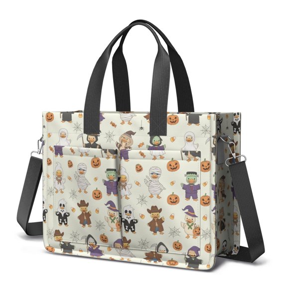 Halloween Duck Pumpkin White Pattern Canvas Messenger Tote Bag, Teacher Tote with Multi Pockets & Removable Strap, Magnetic Closure Gifts for Birthday Christmas Thanksgiving