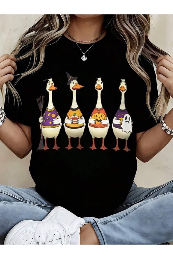 Halloween Ducks Costume T-Shirt Women Funny Cartoon Duck Print Casual Top Autumn Seasonal Tee Shirt