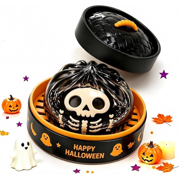 Halloween Spooky Skull Dumpling Squishies Toys, Dumplings Squishy for Adults Fidget Toy with Steamer, Cute Halloween Decor Ghost Bao Bun Squishes for Anxiety Relief