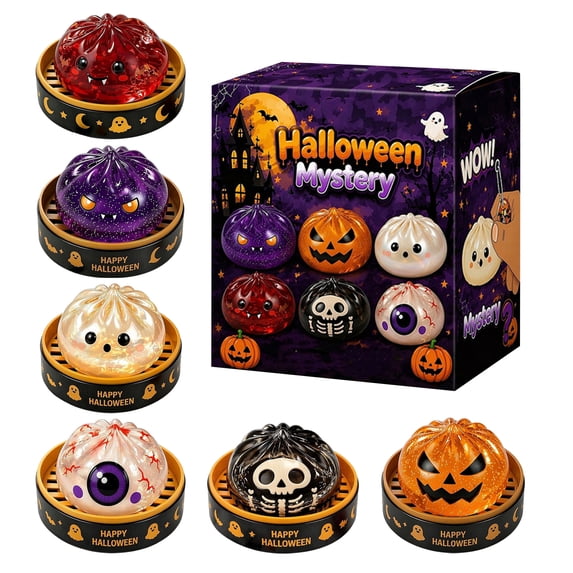 Halloween Dumpling Squishy Mystery Box, Halloween Spooky Dumpling Squishies Box, Surprise Blind Box Fidget Toy, Soft Stress Relief Sensory Gift for Halloween Party Favor