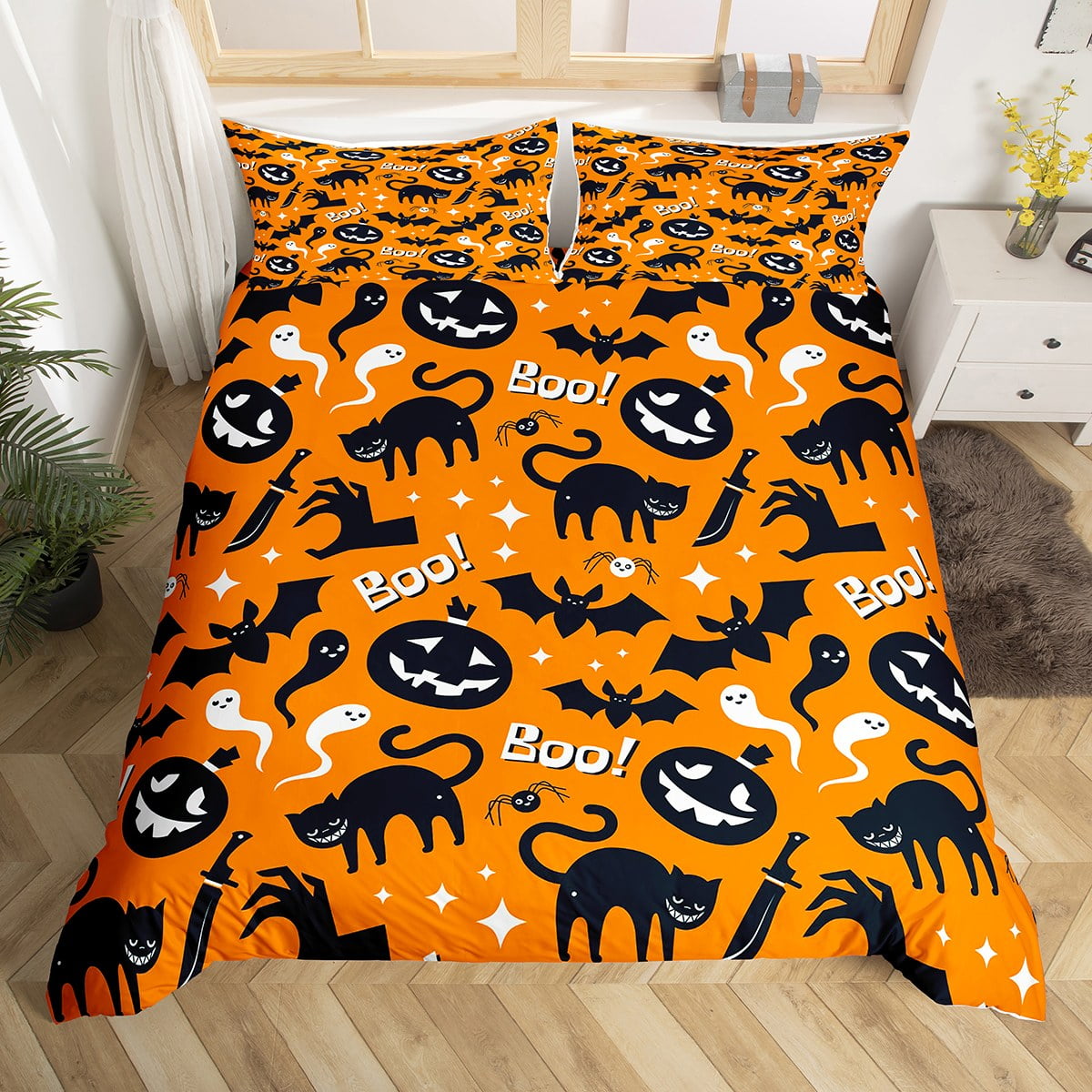 Halloween Duvet Cover Full Size,Halloween Pumpkin Lantern Bedding Set,Black Cats Bats Comforter ...