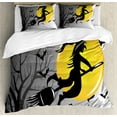 thumbnail image 1 of Halloween Duvet Cover Set, Flying Spooky Smiling Witch Silhouette with Bats and Full Moon, Decorative 3 Piece Bedding Set with 2 Pillow Shams, King Size, Grey Mustard, by Ambesonne, 1 of 3