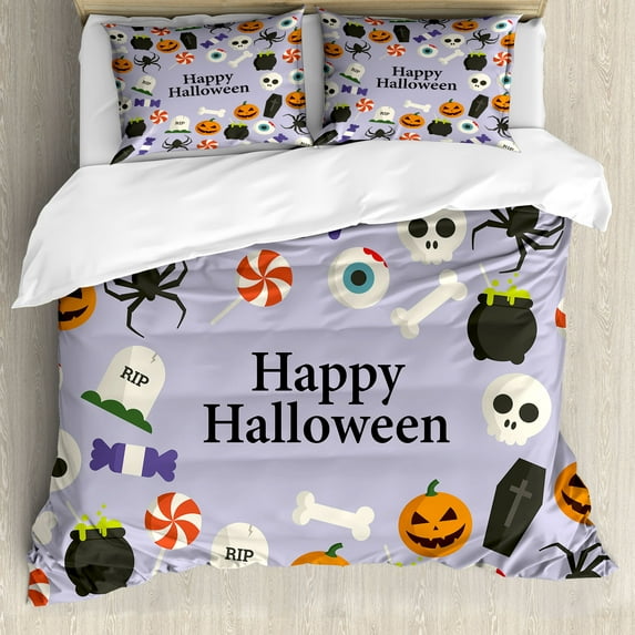 Halloween Duvet Cover Set, Happy Halloween Lettering with Scary Symbols and Candies Pattern, Decorative 3 Piece Bedding Set with 2 Pillow Shams, King Size, Pastel Purple Multicolor, by Ambesonne