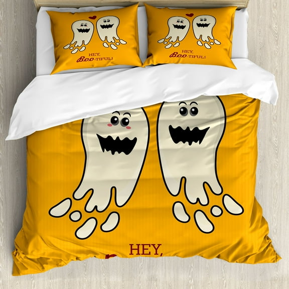 Halloween Duvet Cover Set, Hey Boo-tiful Text and Funny Spooky Ghosts in Love Halloween Romance, Decorative 3 Piece Bedding Set with 2 Pillow Shams, Queen Size, Orange Eggshell Maroon, by Ambesonne