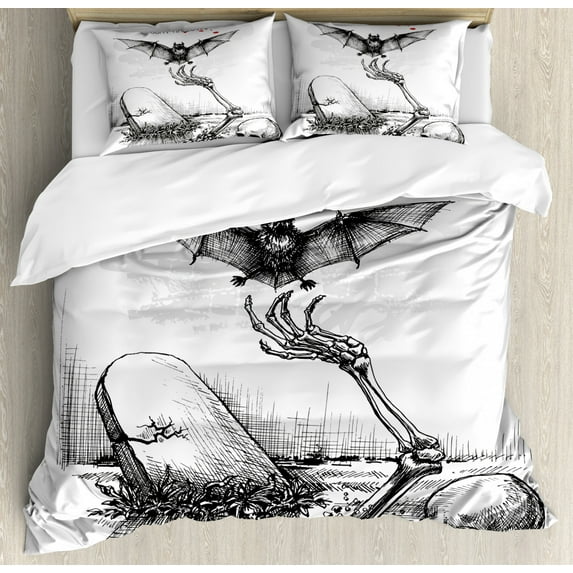 Halloween Duvet Cover Set King Size, Dead Skull Skeleton Out of the Grave and Flying Bat Hand Drawn Spooky Picture, Decorative 3 Piece Bedding Set with 2 Pillow Shams, Black White, by Ambesonne