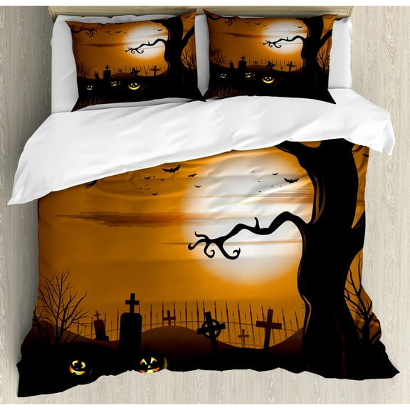 Halloween Duvet Cover Set King Size, Leafless Creepy Tree with Twiggy Branches at Night in Cemetery Graphic Drawing, Decorative 3 Piece Bedding Set with 2 Pillow Shams, Brown Tan, by Ambesonne