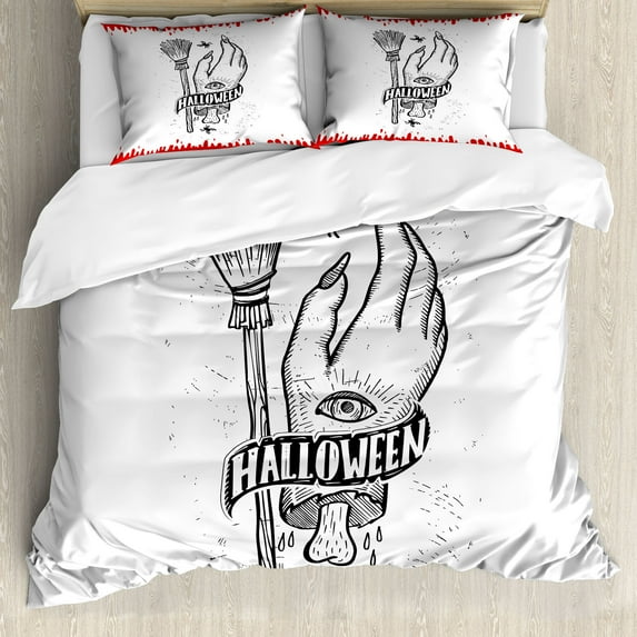 Halloween Duvet Cover Set, Monochrome Sketch Witch Hand with Eye Broomstick Spiders Blood Drops, Decorative 3 Piece Bedding Set with 2 Pillow Shams, King Size, Charcoal Grey Vermilion, by Ambesonne