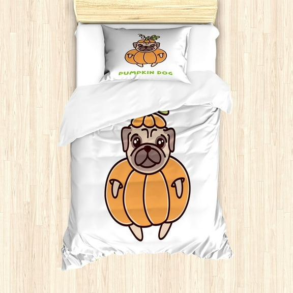 Halloween Duvet Cover Set, Pumpkin Dog Typography with Cartoon Drawing Pug in Costume Print, Decorative 2 Piece Bedding Set with 1 Pillow Shams, Twin Size, Apricot Green and White, by Ambesonne