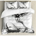 thumbnail image 1 of Halloween Duvet Cover Set Queen Size, Dead Skull Skeleton Out of the Grave and Flying Bat Hand Drawn Spooky Picture, Decorative 3 Piece Bedding Set with 2 Pillow Shams, Black White, by Ambesonne, 1 of 3