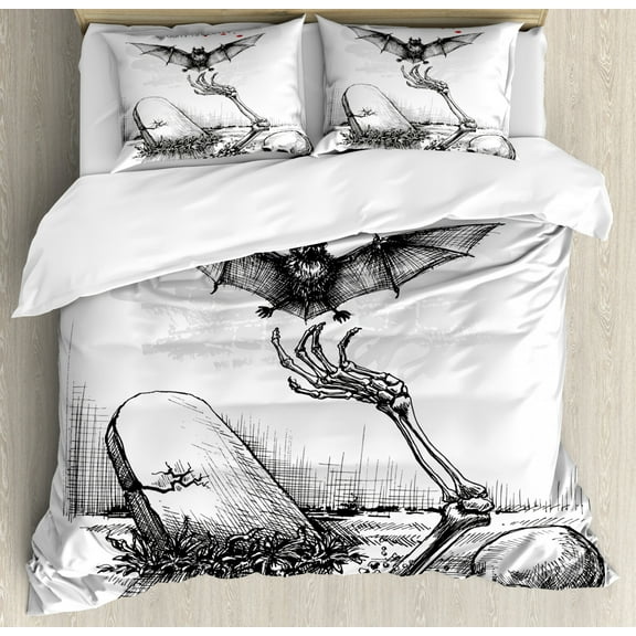 Halloween Duvet Cover Set Queen Size, Dead Skull Skeleton Out of the Grave and Flying Bat Hand Drawn Spooky Picture, Decorative 3 Piece Bedding Set with 2 Pillow Shams, Black White, by Ambesonne
