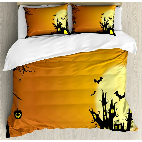 Halloween Duvet Cover Set Queen Size, Gothic Haunted House Bats Western Spooky Night Scene with Pumpkin Drawing Art, Decorative 3 Piece Bedding Set with 2 Pillow Shams, Orange Black, by Ambesonne