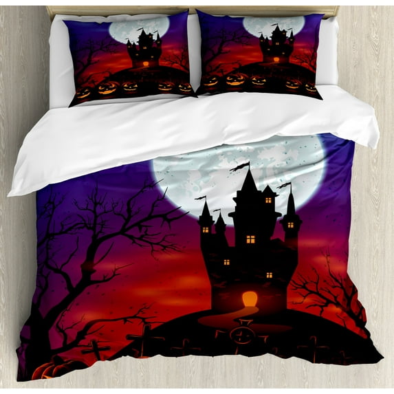 Halloween Duvet Cover Set Queen Size, Gothic Haunted House Castle Hill Valley Night Sky October Festival Theme Print, Decorative 3 Piece Bedding Set with 2 Pillow Shams, Multicolor, by Ambesonne