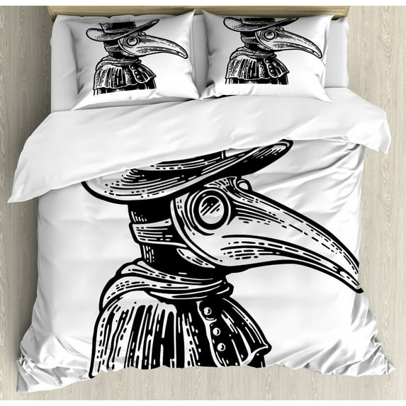 Halloween Duvet Cover Set Queen Size, Horror Art Plague Doctor Character in Monochrome Engraving Style, Decorative 3 Piece Bedding Set with 2 Pillow Shams, Charcoal Grey and White, by Ambesonne
