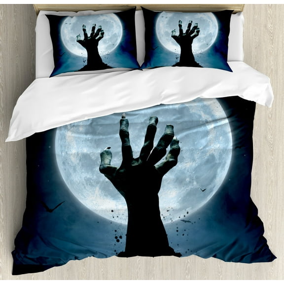 Halloween Duvet Cover Set Queen Size, Realistic Zombie Earth Soil Full Moon Bat Horror Story October Twilight Themed, Decorative 3 Piece Bedding Set with 2 Pillow Shams, Blue Black, by Ambesonne